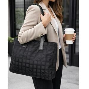 Chanel Travel Line Nylon Medium Tote Black Laptop Work Travel Bag Luxe Authentic